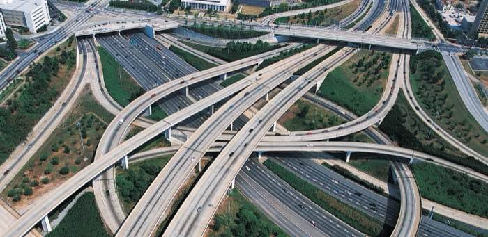 Aerial view of a multi-level highway interchange